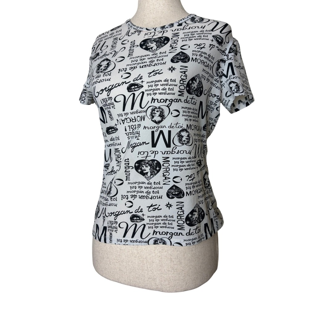 Morgan de Toi Graphic Print T-Shirt White Black‎ Vintage Y2K S